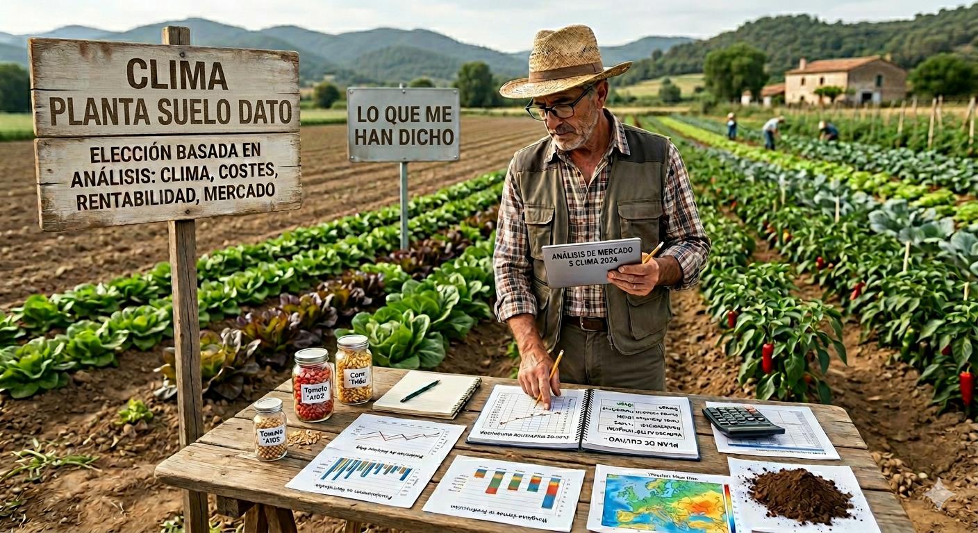 Agrónomo planificando en mesa de campo — análisis de mercado, suelo y plan de cultivo bajo un cartel que reza «Clima · Planta · Suelo · Dato»