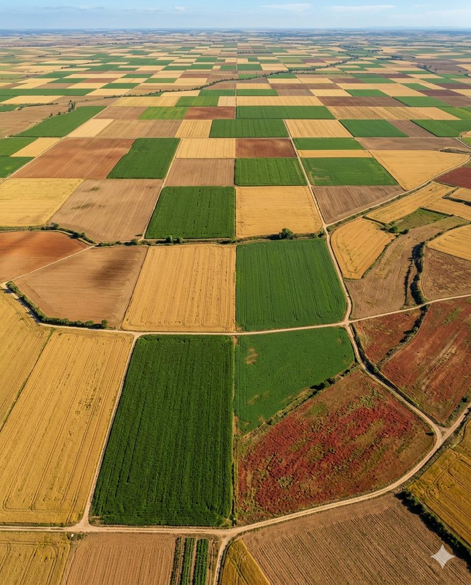 Mosaico aéreo de parcelas en Castilla — la geografía que se reorganiza en unidades productivas